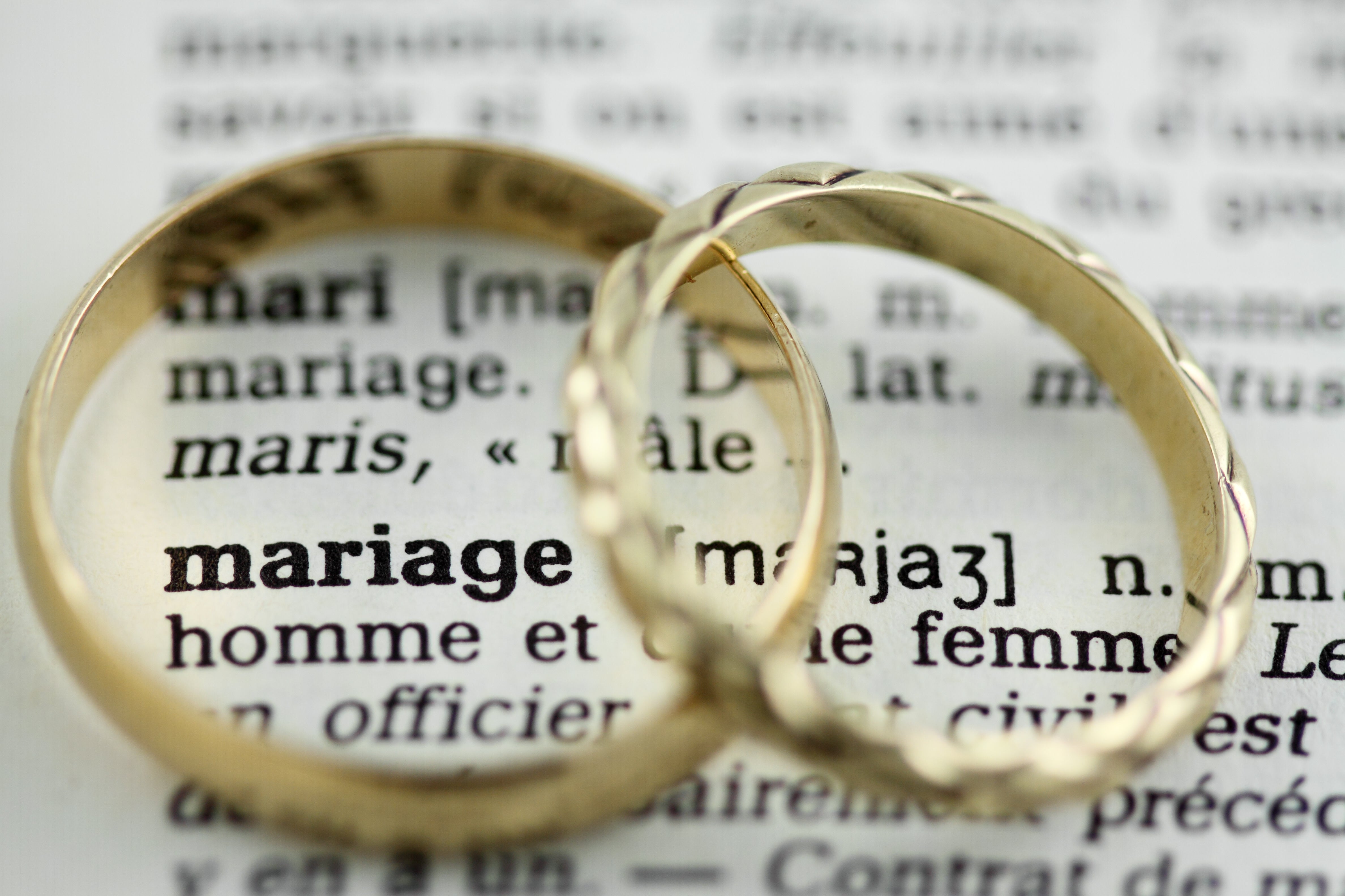 Wedding rings in the pages of a dictionary under the definition of marriage 