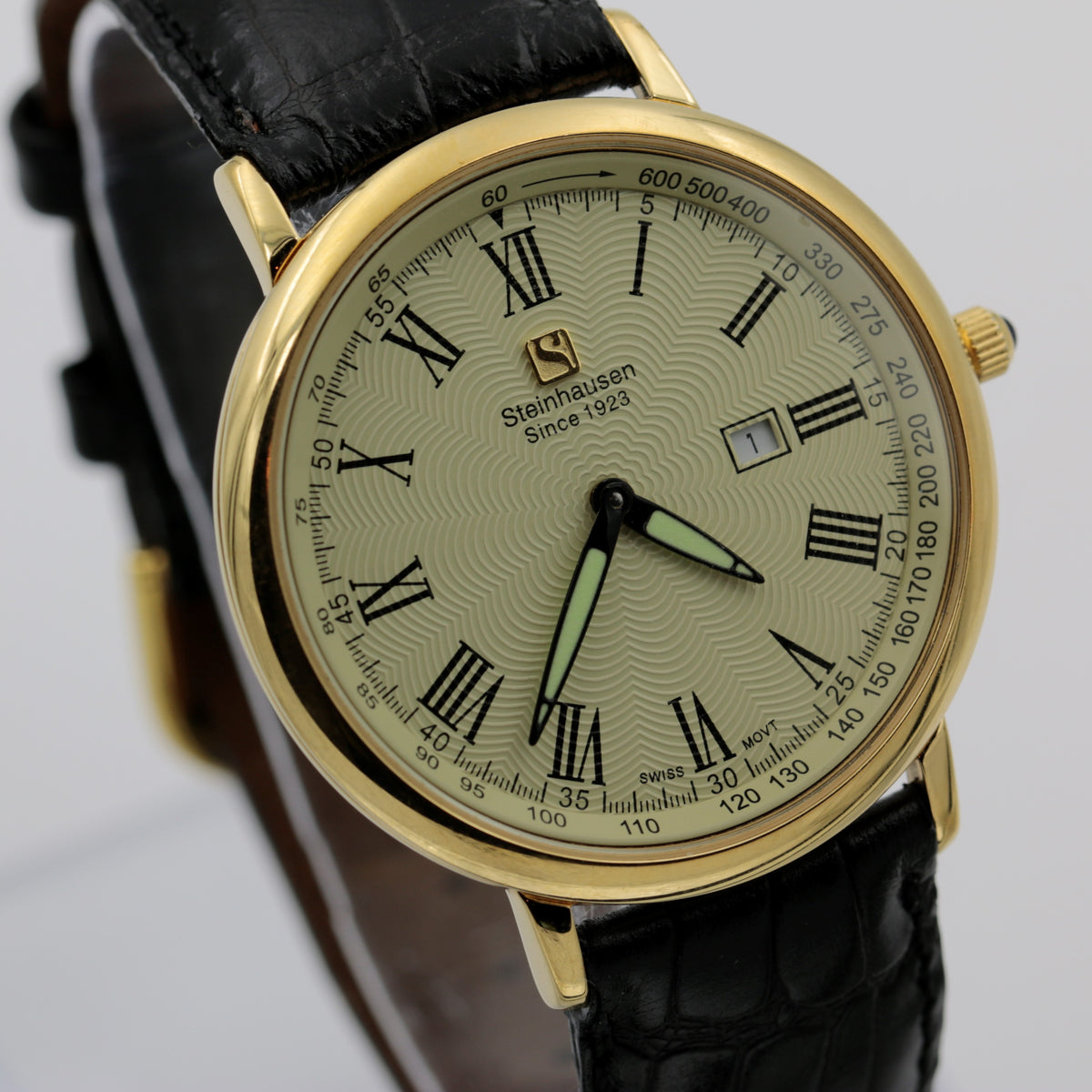 Steinhausen Men's Swiss Quartz Gold Ultra Thin Watch w/ Genuine Alligator  Strap