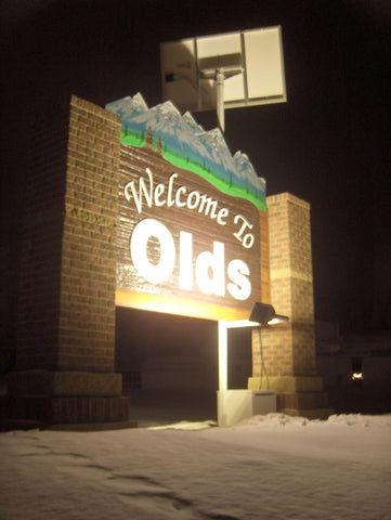 Welcome to Olds city sign let at night by solar system using Watt-a-Light LED lighting