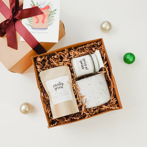 Mint tea, ceramic mug, and soy candle gift box