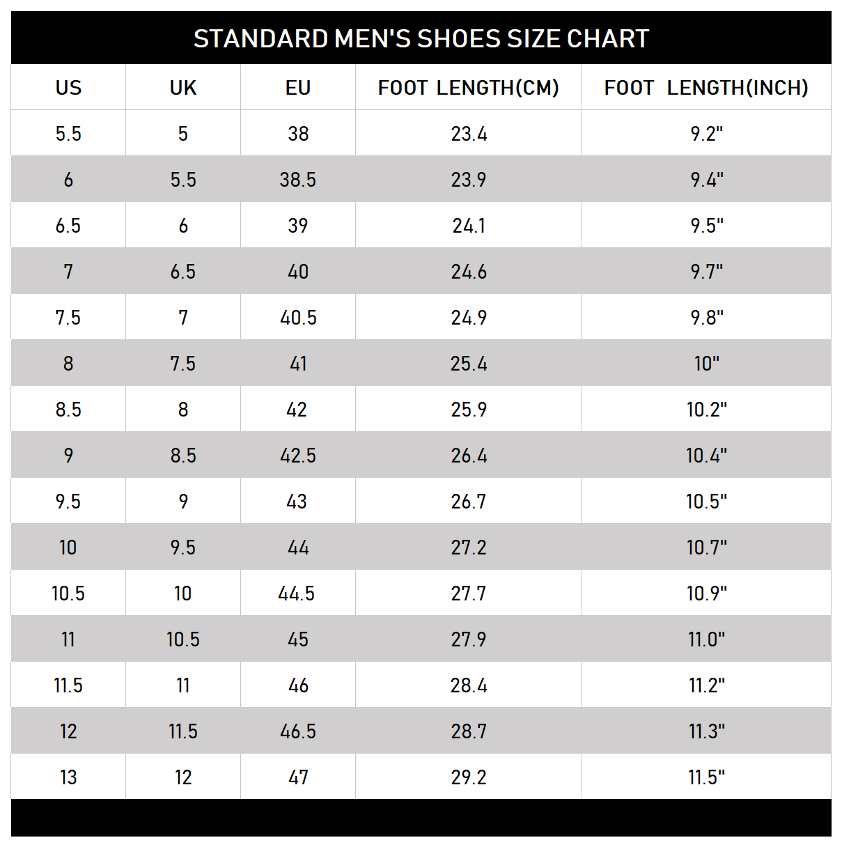 men's formal shoes size chart