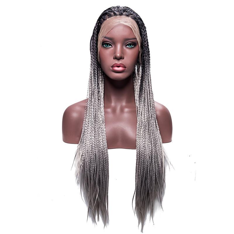 Silver Grey Ombre Braided Box Braids Wig Long Synthetic Lace Front Wigs For Women
