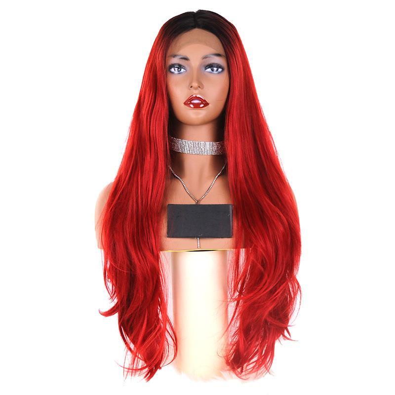 Natural Wave Long Dark Roots Ombre Red Synthetic Lace Front Wig Double Braids