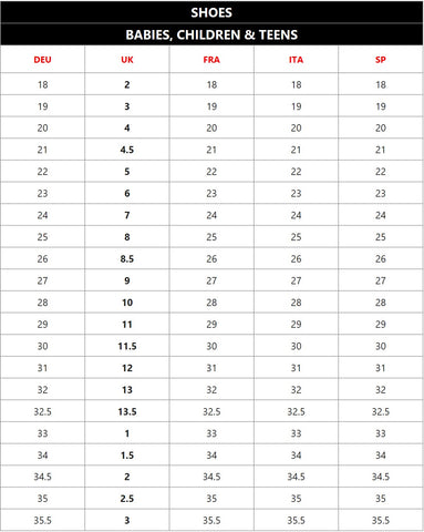 children's footwear size chart