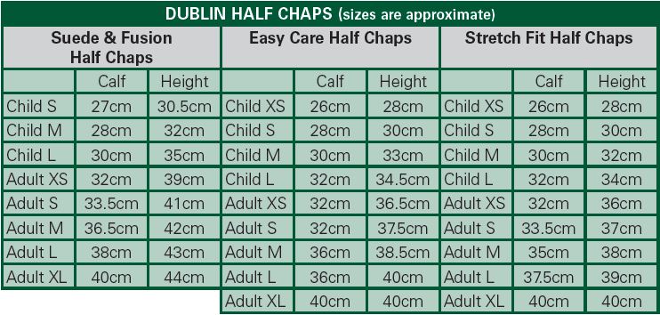 Dublin Easy Care Half Chaps Size Chart