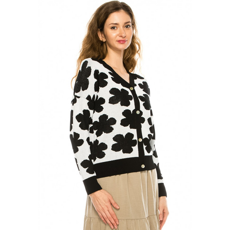 Women's Rose Print V-Neck Cardigan