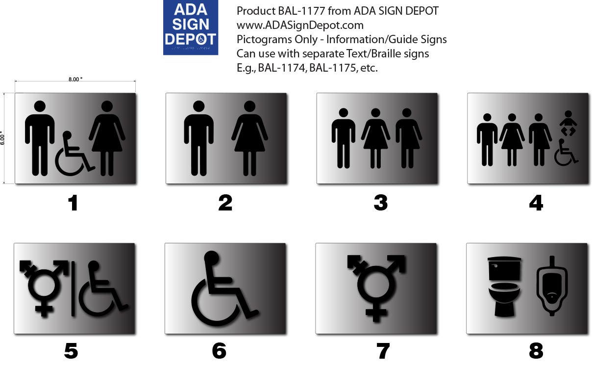 Brushed Aluminum gender symbol-only bathroom signs in custom colors