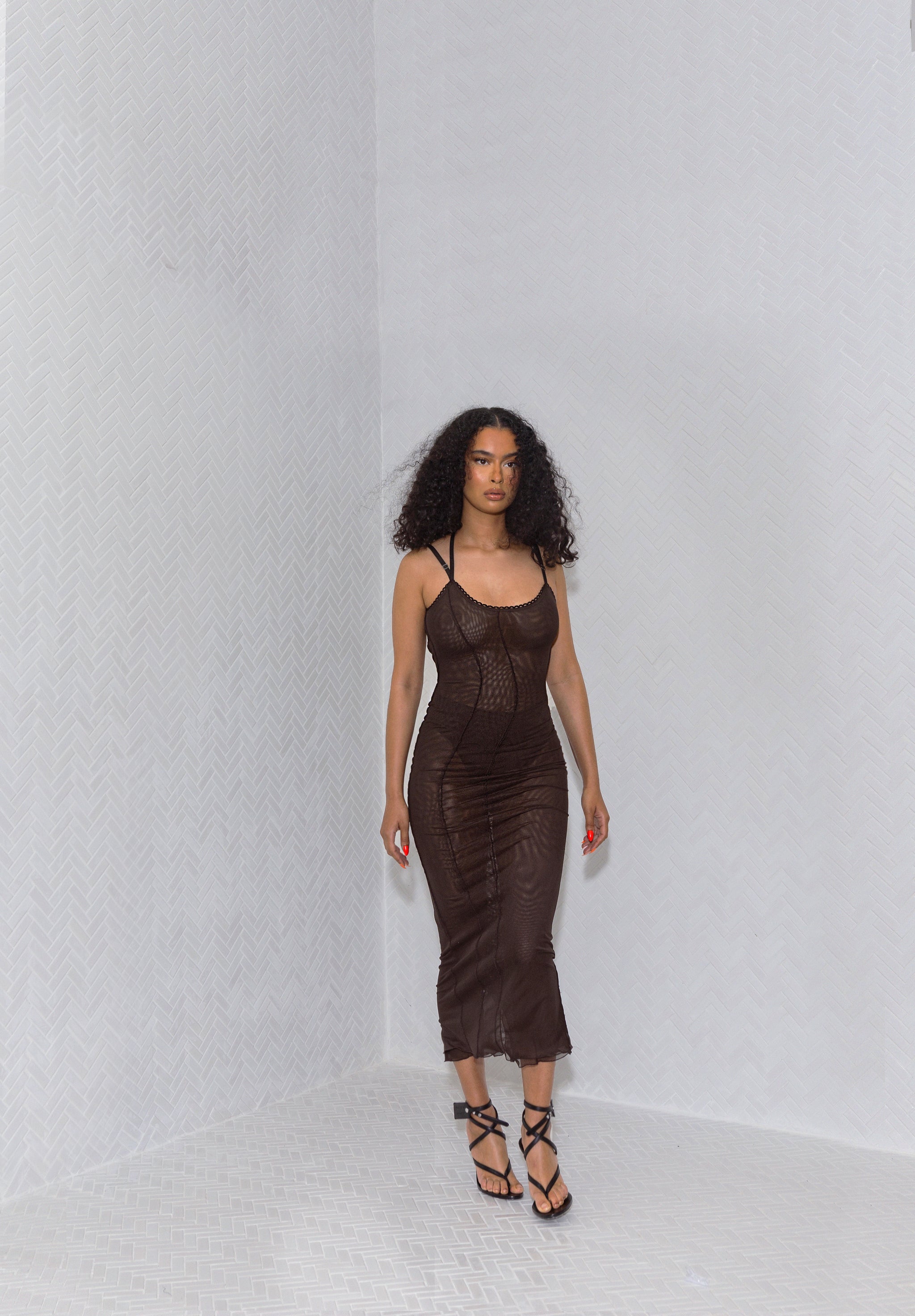 DERNIER44 Layered Mesh Midi in Bittersweet Chocolate