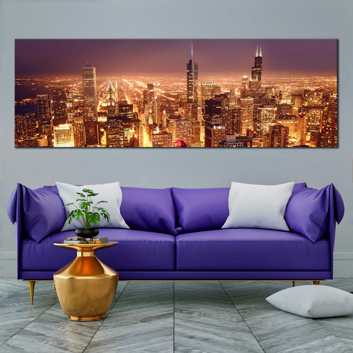 Chicago Skyline Canvas Print, Yellow Bright Night City Panoramic Canva