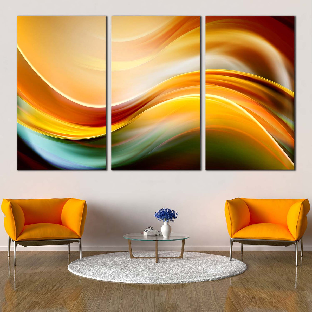 Modern Abstract Canvas Wall Art, Yellow Waves Triptych Canvas Print, G