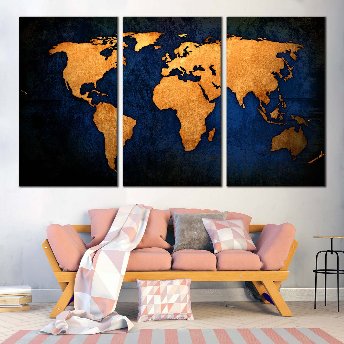 World Map Canvas Wall Art Blue Background Map Triptych Multiple Canva