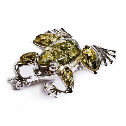 Frog Brooch in Silver Green and Amber