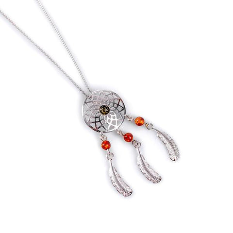 SMALL DREAMCATCHER NECKLACE IN SILVER AND AMBER