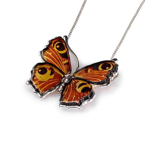 SMALL PEACOCK BUTTERFLY NECKLACE IN SILVER AND AMBER
