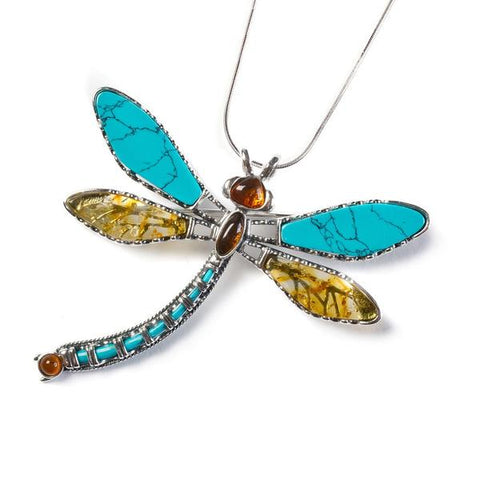EXOTIC DRAGONFLY NECKLACE IN SILVER, TURQUOISE AND AMBER