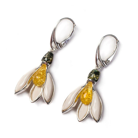 Amber, White Coral and Silver Snowdrop Earrings