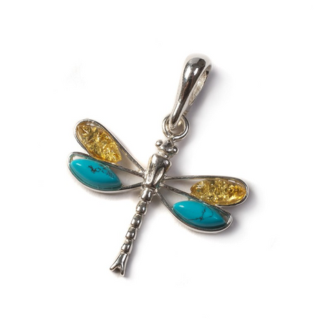 yellow amber and turquoise dragonfly necklace