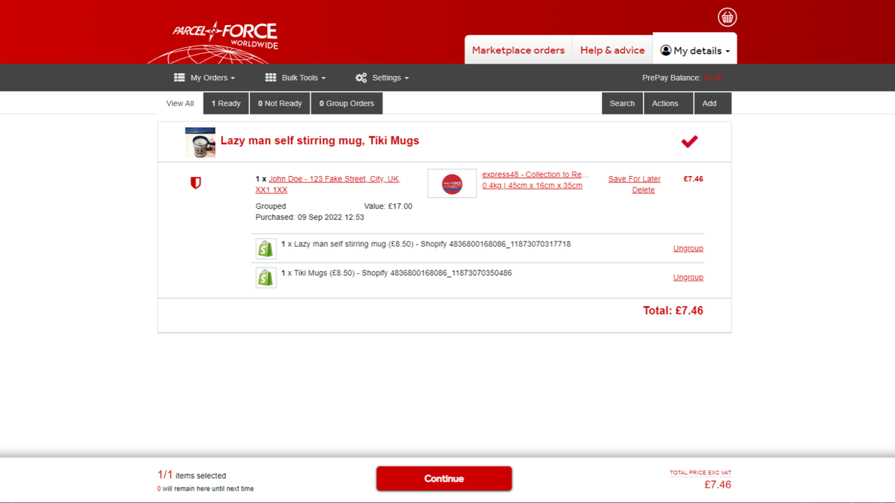 L'interface utilisateur de Parcelforce