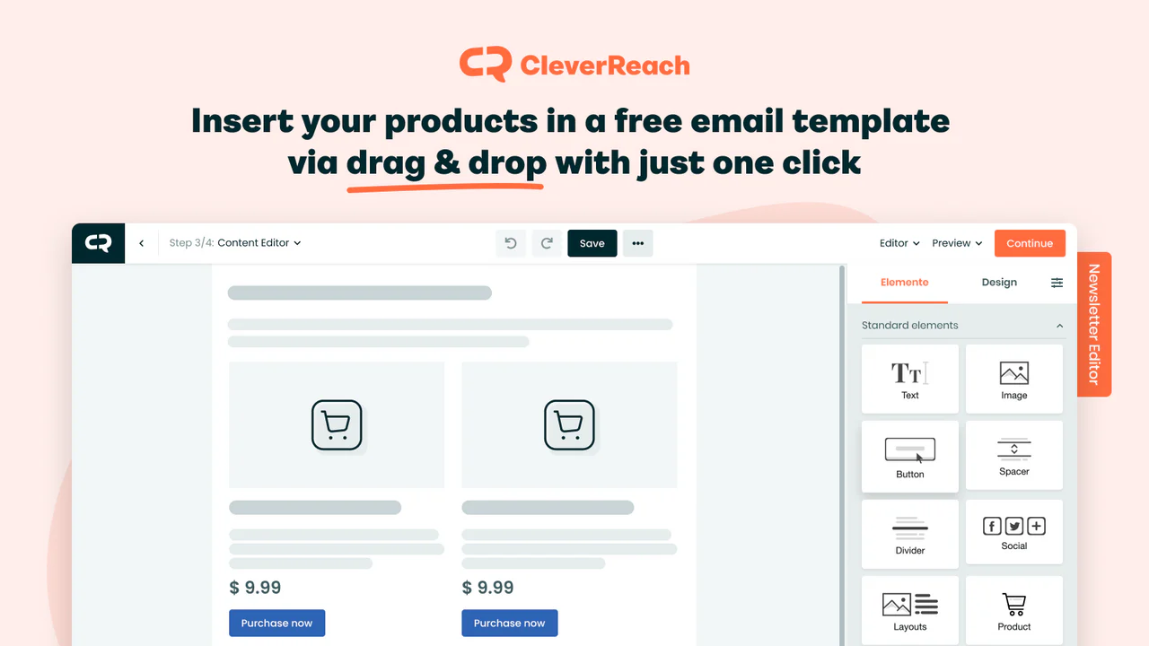 Insert your products in free email templates via drag & drop