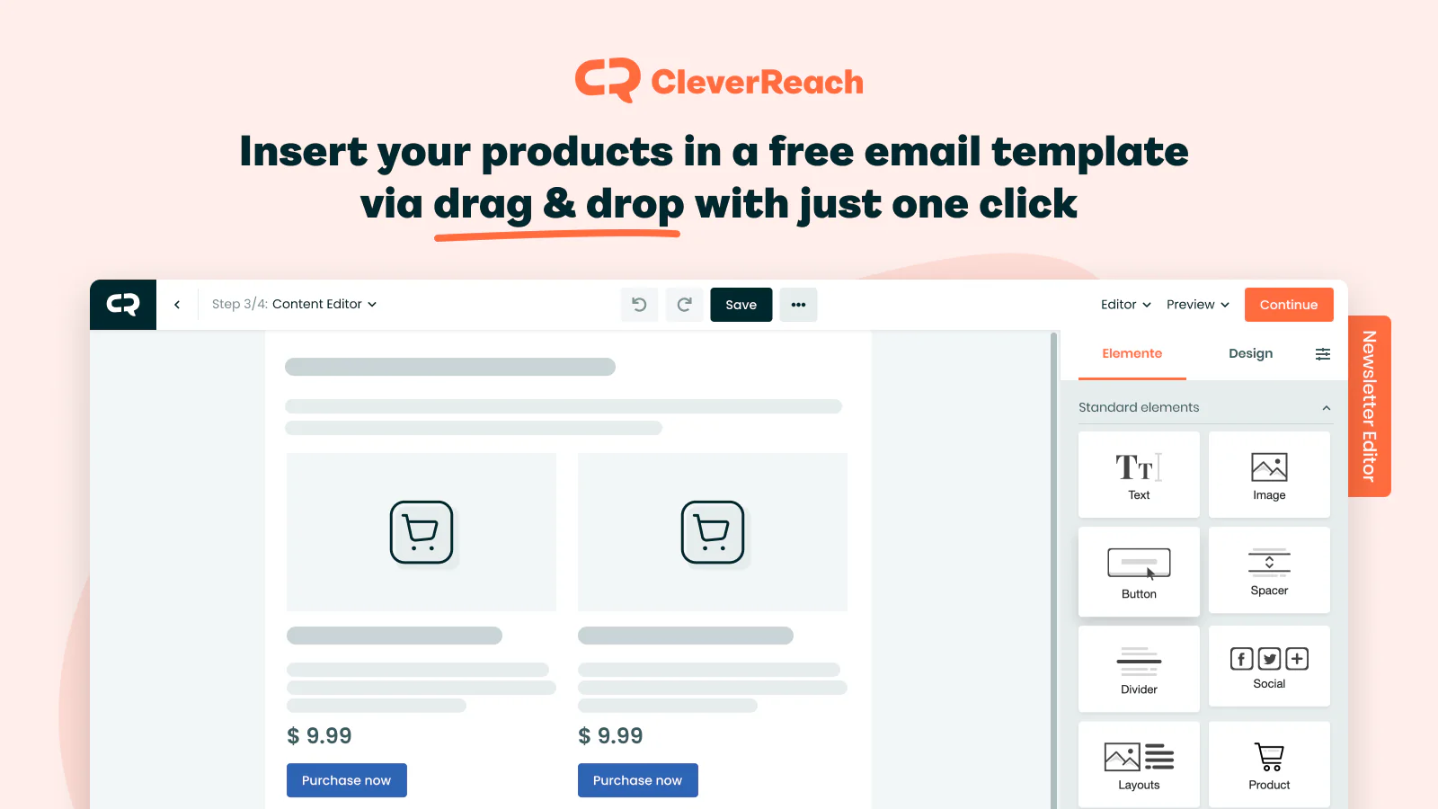 Insert your products in free email templates via drag & drop