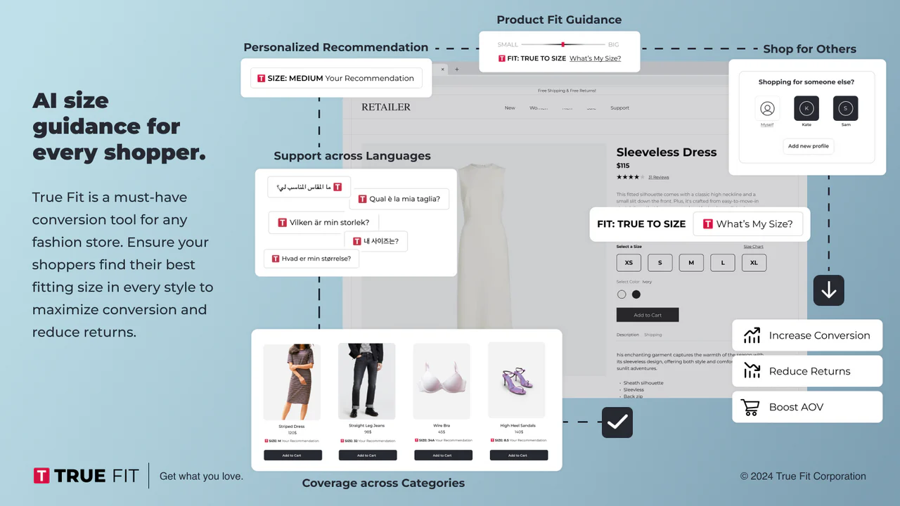 Images de l'interface utilisateur montrant l'étendue de la solution de recommandation de taille et d'ajustement