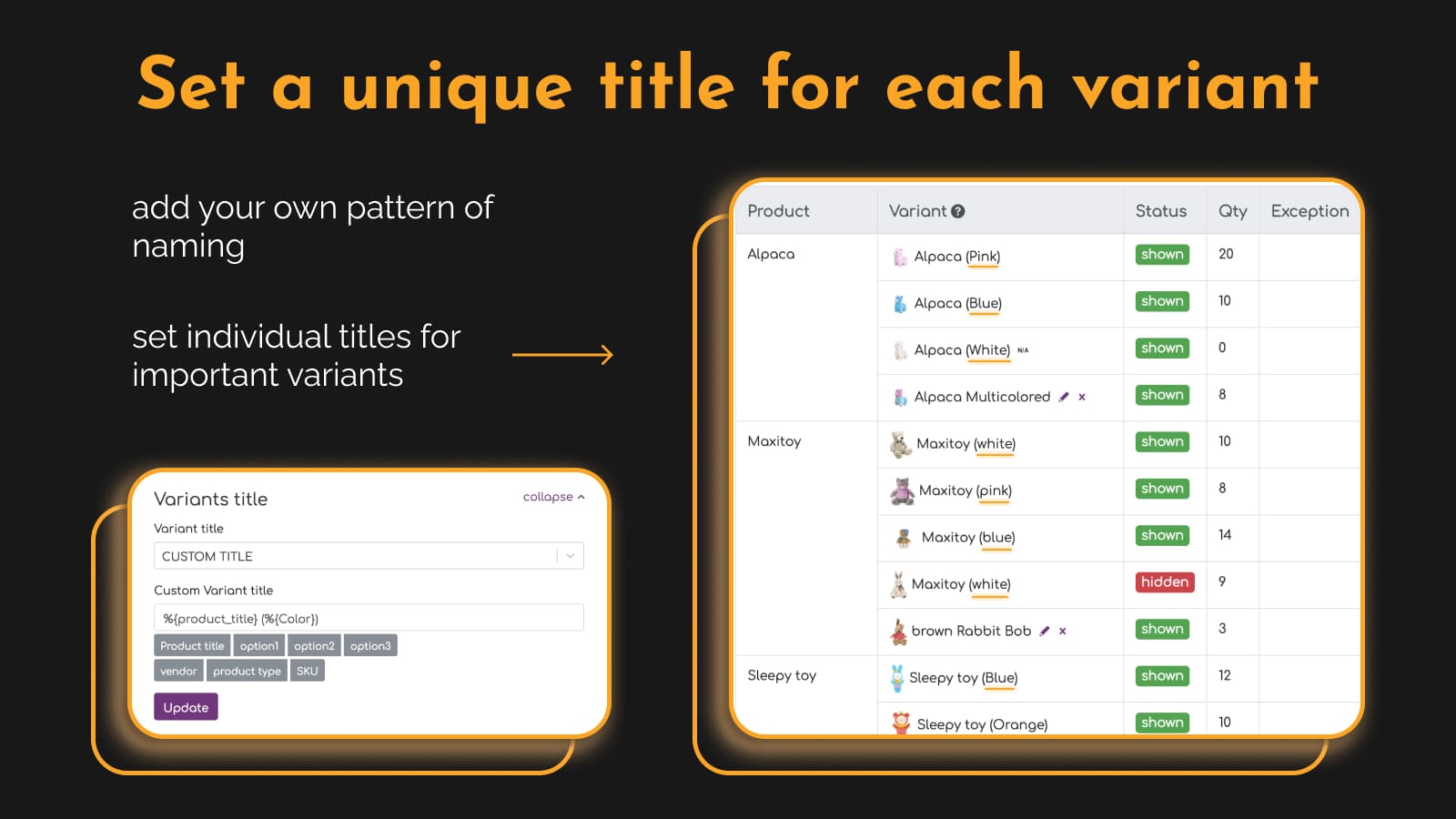 Titres de variantes personnalisés – titre individuel – Shopify – Renommer