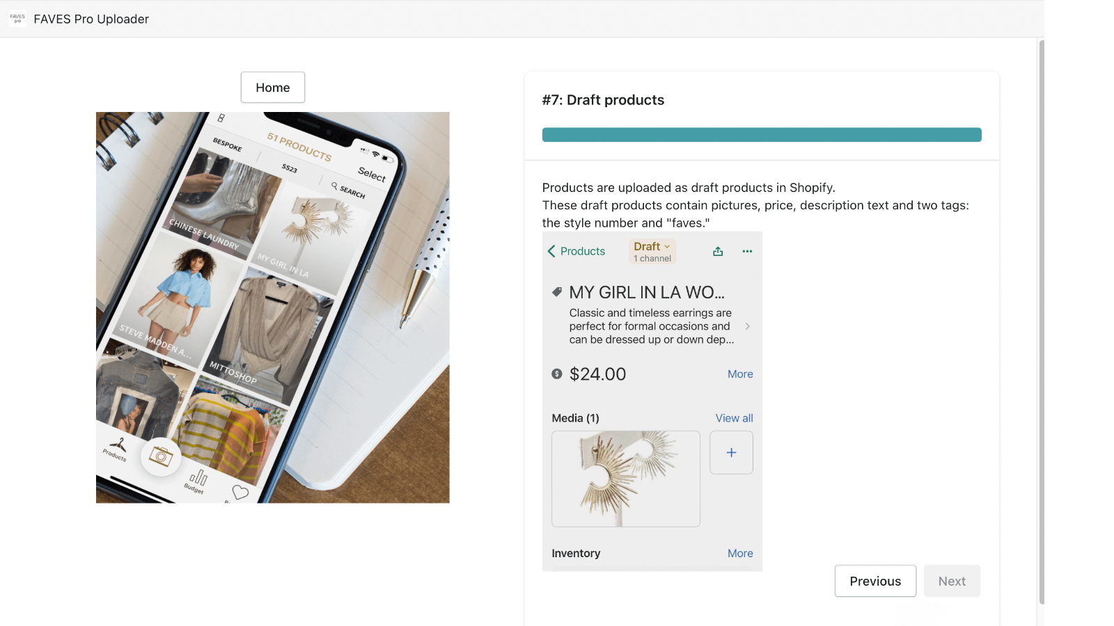 Image showing earrings uploaded as a draft product to Shopify