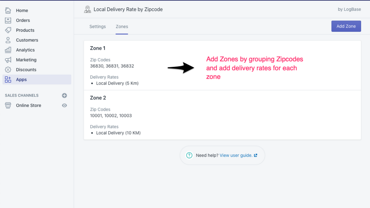 Tarif de livraison locale par code postal