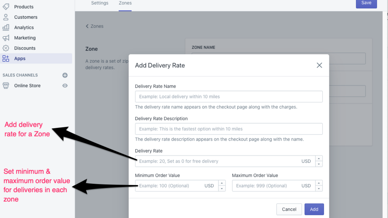 Tarif de livraison locale par code postal