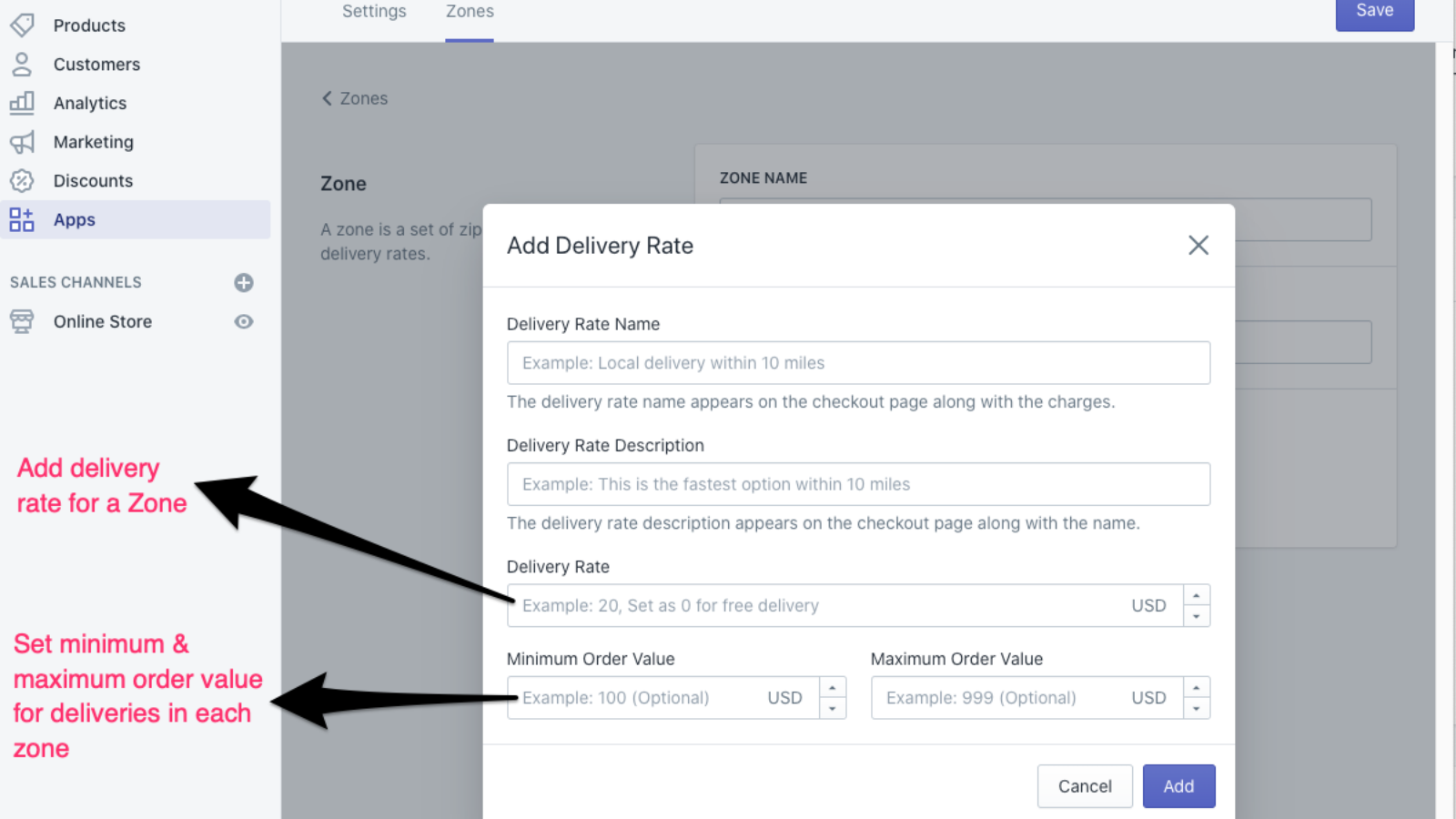 Tarif de livraison locale par code postal