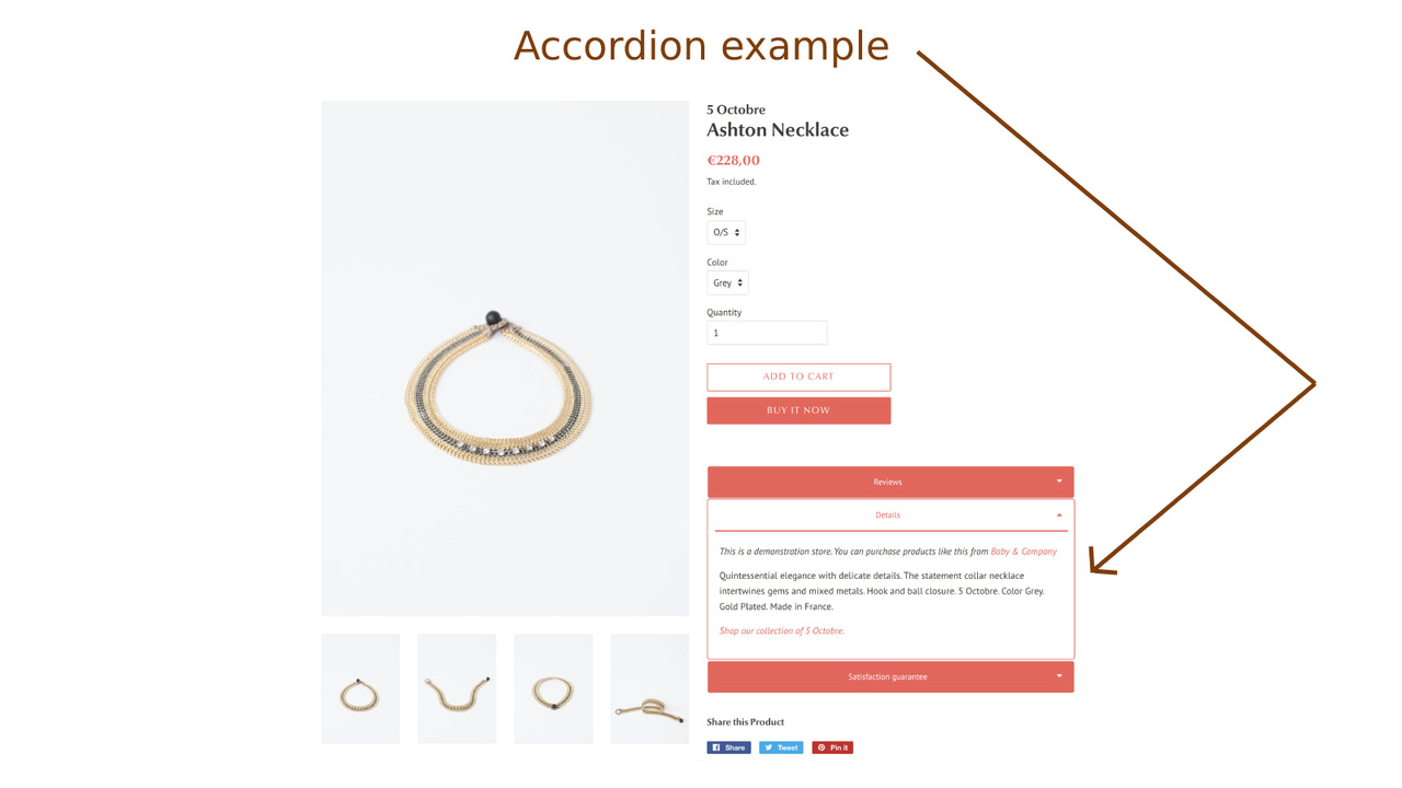 Accordéon avec description du produit dans la page de détail du produit