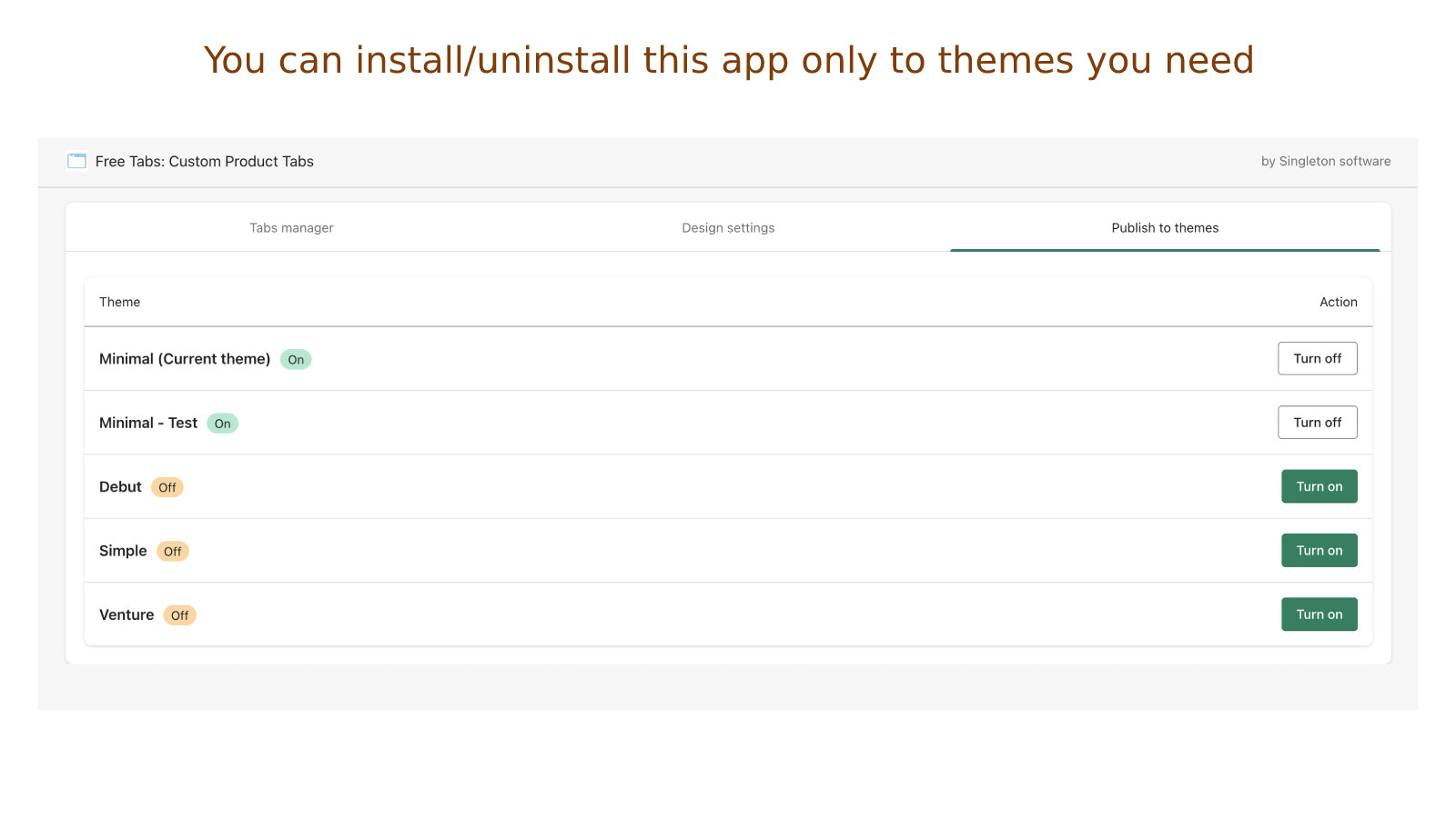 You can install/uninstall app only to themes you need