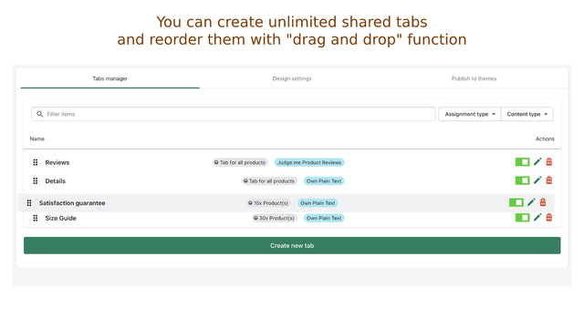 Sie können unbegrenzt gemeinsame Tabs für Produkte erstellen