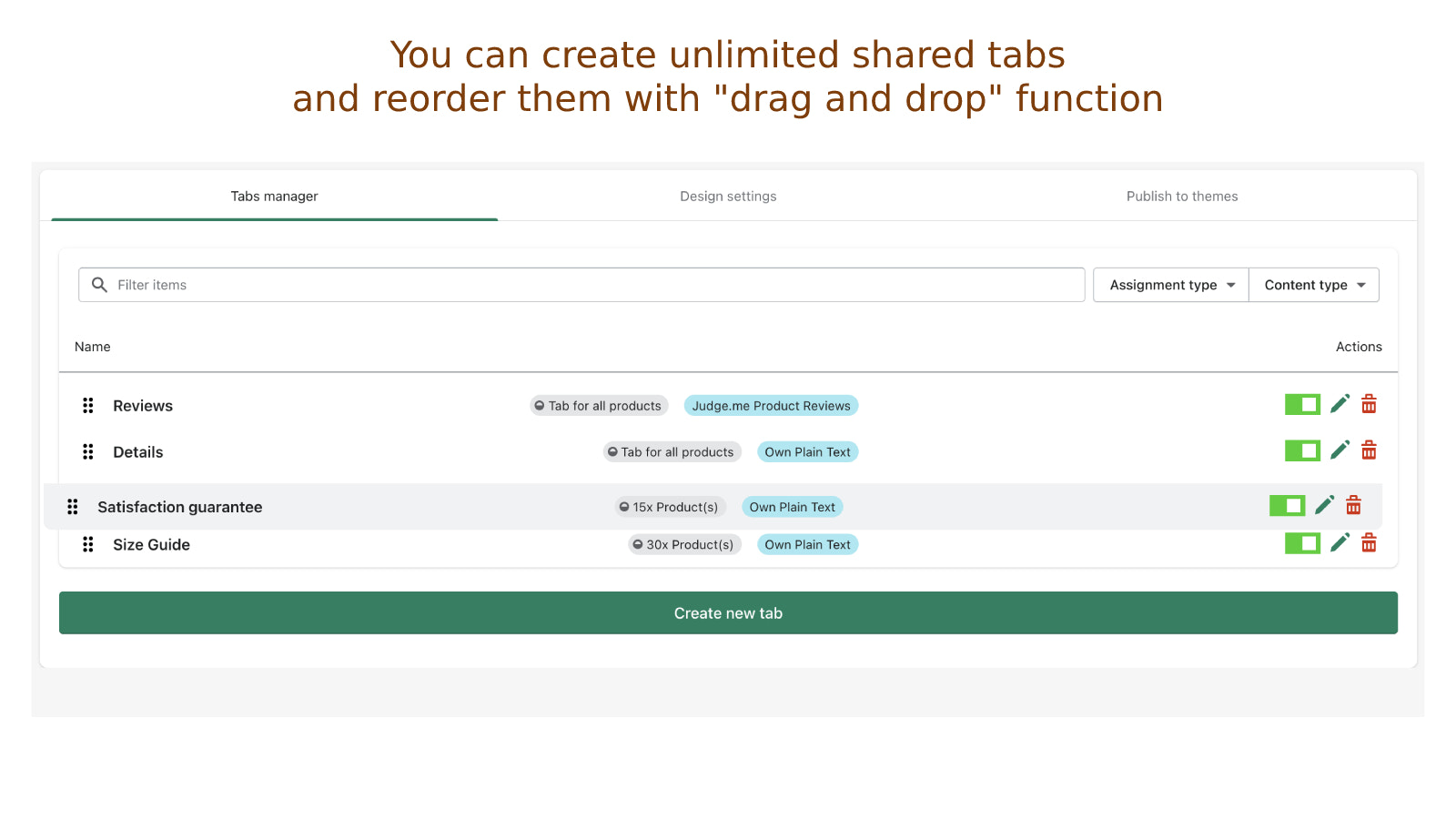 Sie können unbegrenzt gemeinsame Tabs für Produkte erstellen