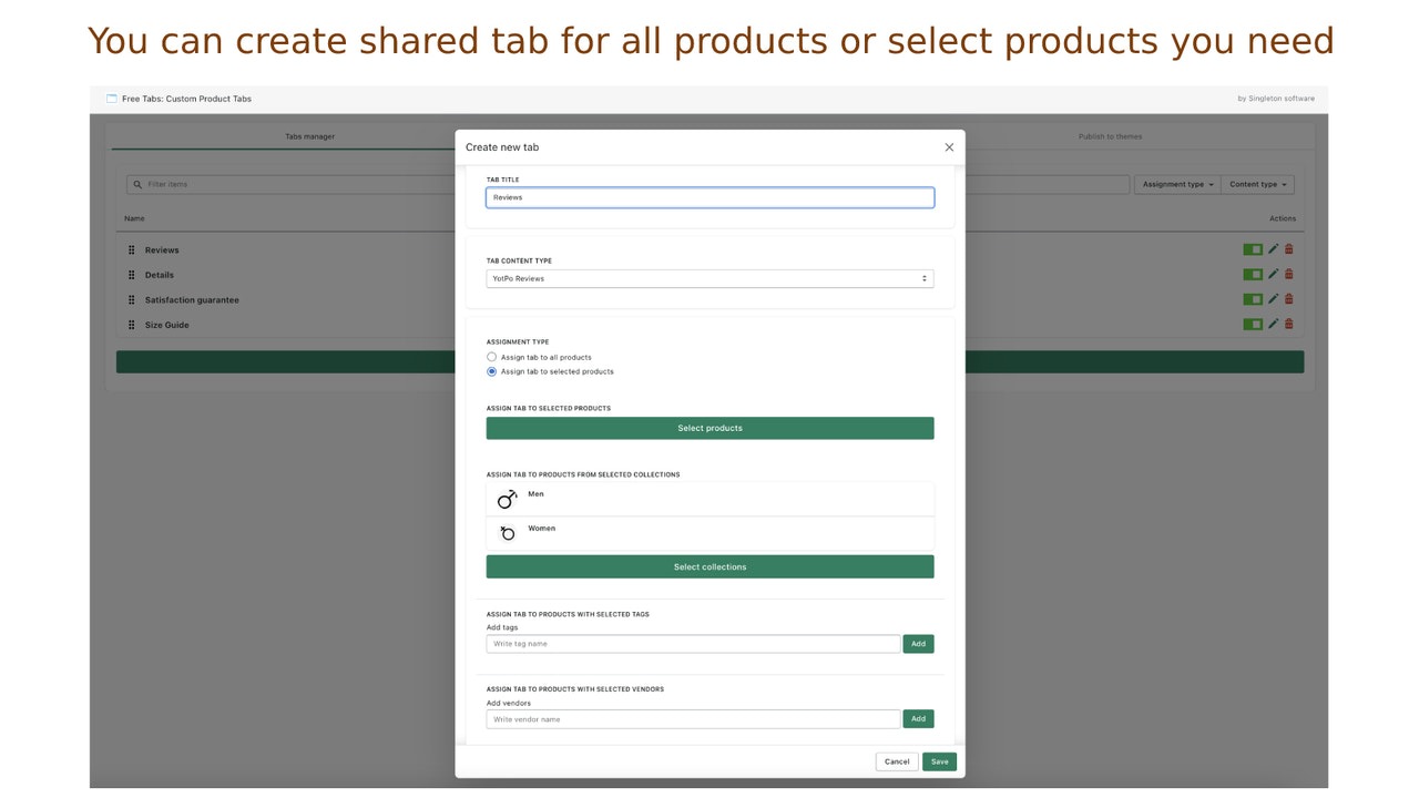 Assign tabs for all products or only to products you need