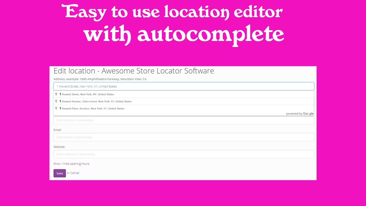 Backend admin funktioner og nem at bruge editor med adresse autoc