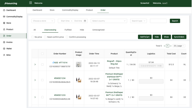 JH Order Management Platform Screenshot