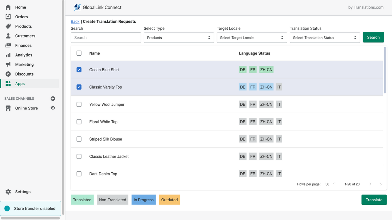 Select products for translation request