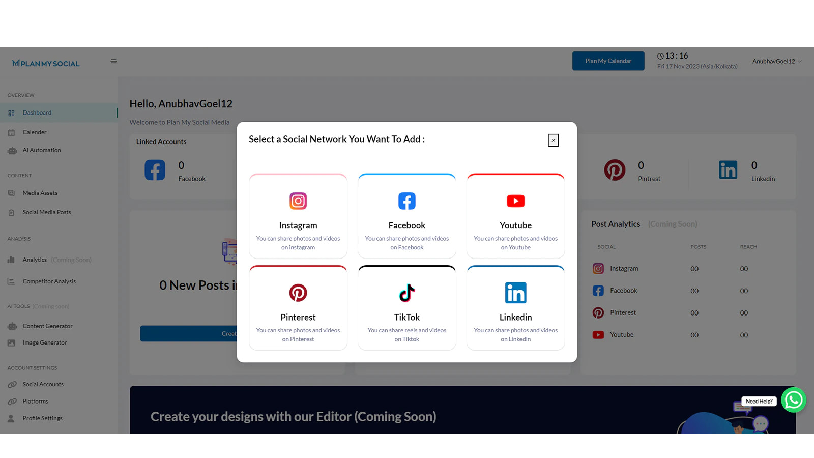 Agregar plataformas para programar publicaciones en múltiples plataformas.