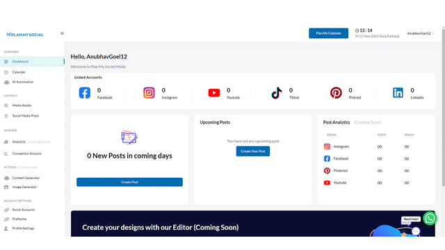 Dashboard to add social account & to create new post.