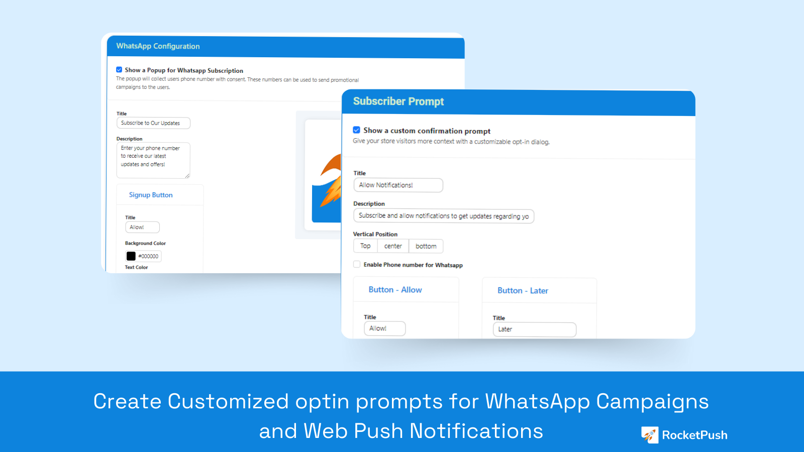 Personalisieren Sie WhatsApp & Web-Push Optin-Aufforderungen.