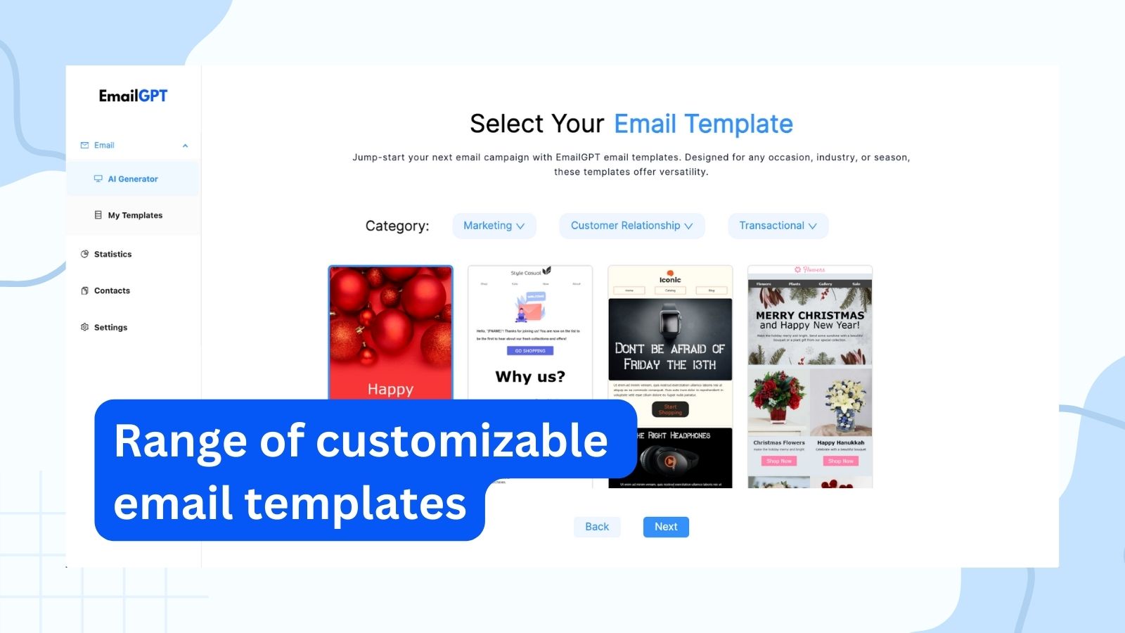 Range of customizable email templates