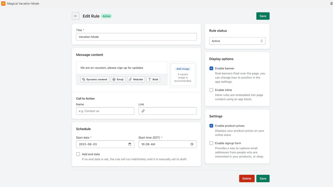 interface d'édition de règle de mode vacances