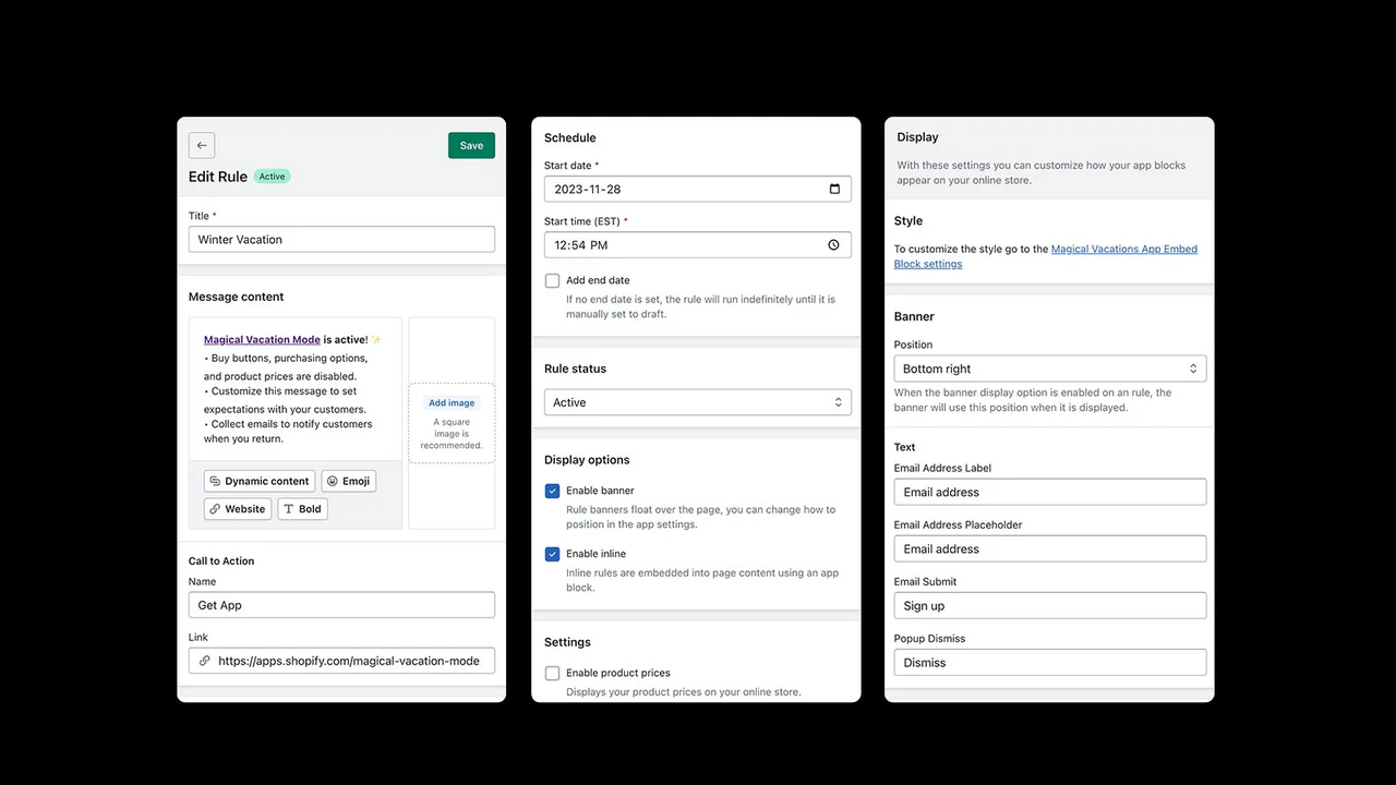 Capturas de tela móveis da configuração da regra de férias e página de configurações