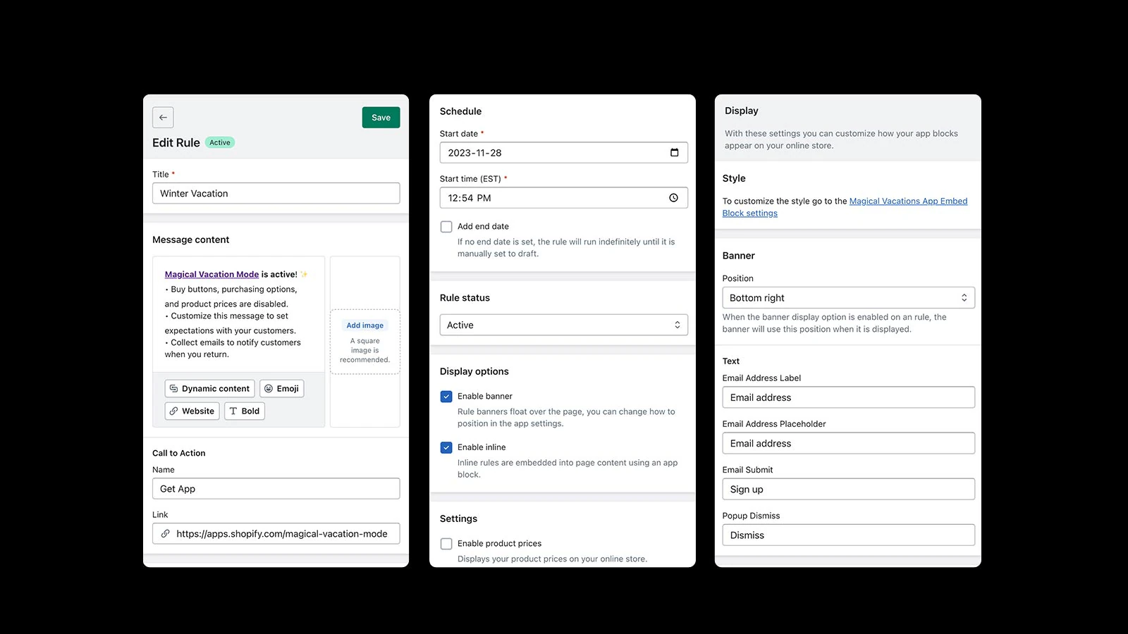 Capturas de pantalla móviles de la configuración y la página de ajustes de la regla de vacaciones