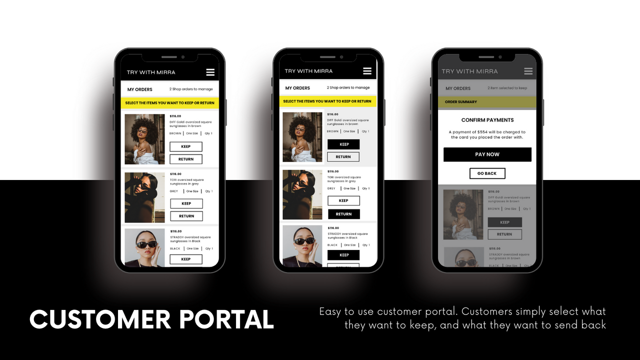 Screenshots of the customer portal