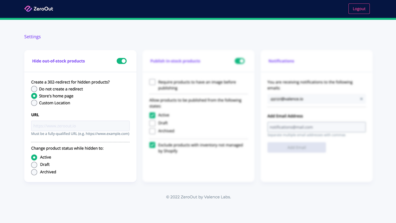 Configurações de ocultação de produtos