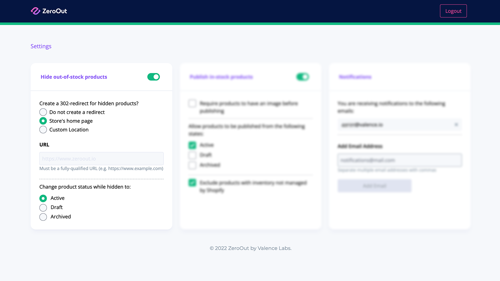 Configurações de ocultação de produtos