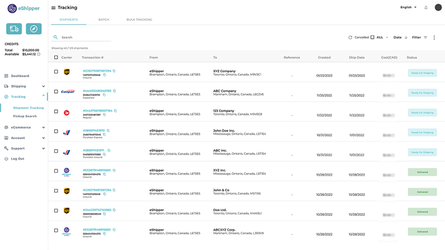 Página de rastreamento na plataforma eShipper