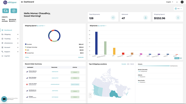 Página de inicio de la aplicación eShipper para Shopify